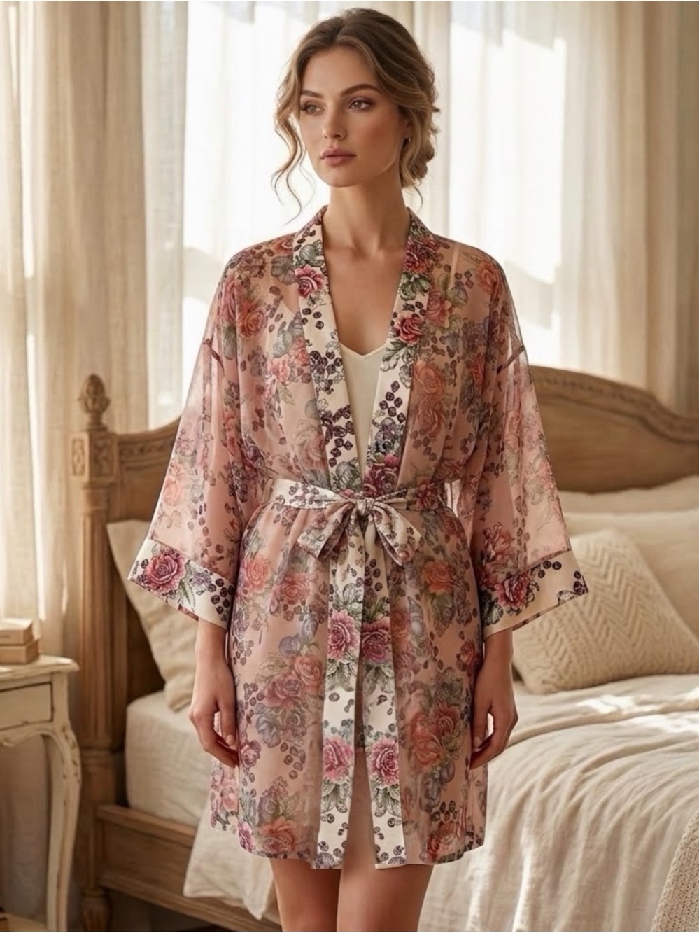 Vtg Victoria's Secret Gold Label 90s Sheer Floral Chiffon Robe Dusty Rose OS